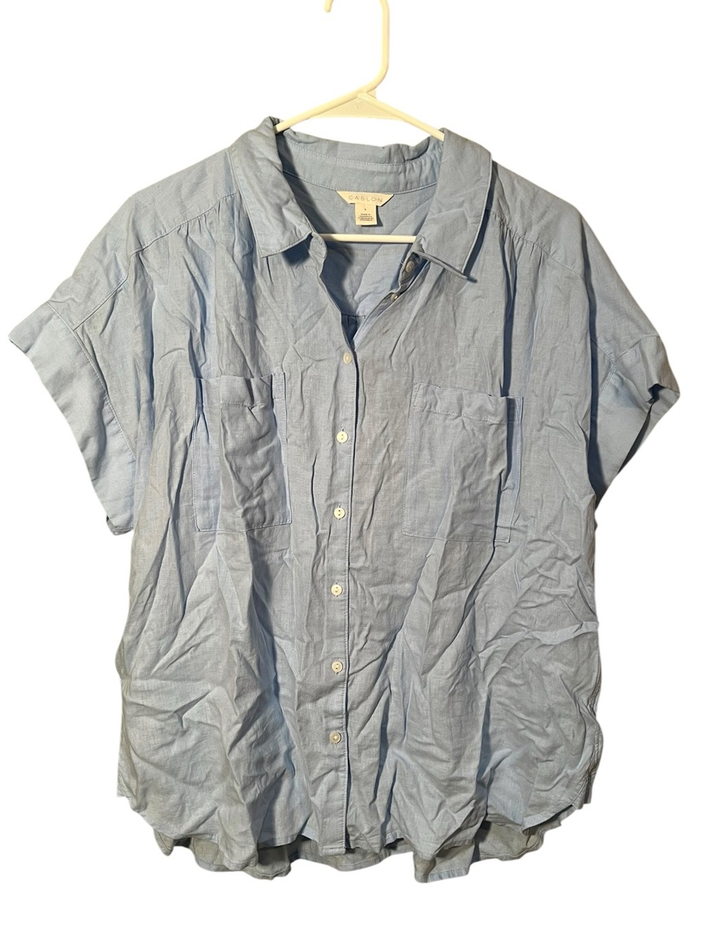 Caslon Women’s Size Large Linen Blend Camp Shirt Short Cap Sleeves Light Blue